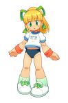  android blonde_hair bow child green_bow hair_bow high_ponytail long_hair looking_at_viewer om_(nk2007) open_mouth rockman rockman_(classic) roll solo standing white_background 