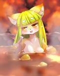  1girl breasts brown_eyes cat character_request fullbokko_heroes furry green_hair hot_springs nude onsen solo tokumori_kaisen 