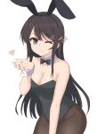  ;) animal_ears black_eyes black_hair black_legwear black_leotard black_neckwear blown_kiss bow bowtie breasts bunny_ears bunny_girl bunnysuit cleavage cowboy_shot detached_collar highres leotard long_hair looking_at_viewer medium_breasts one_eye_closed pantyhose sakurajima_mai seishun_buta_yarou simple_background smile solo strapless strapless_leotard white_background wrist_cuffs xingnai 