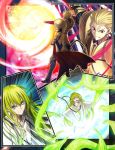  1other aora blonde_hair blue_eyes boots ea_(fate/stay_night) earrings emphasis_lines enkidu_(fate/strange_fake) fate/strange_fake fate_(series) from_behind furrowed_eyebrows gilgamesh gloves gold_armor green_hair grin hair_slicked_back jewelry long_hair pauldrons red_eyes robe smile standing weapon wide-eyed 
