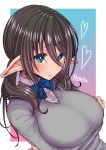  absurdres black_hair blue_eyes blush breasts brown_hair elf eyebrows_visible_through_hair heart highres kira_kazuki large_breasts long_hair looking_at_viewer neck_ribbon original pointy_ears ribbon solo sweater twintails 