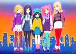  :&lt; :3 aqua_footwear aqua_hat aqua_legwear belt black_footwear black_hair black_legwear blonde_hair cabbie_hat casual commentary_request dress girl_sandwich green_eyes hakkasame hat jacket jpeg_artifacts katou_asuka kuroki_tomoko lineup long_hair multicolored multicolored_background multiple_girls nemoto_hina off-shoulder_sweater pantyhose pencil_skirt pink_hair pink_shirt pinstripe_legwear red_footwear red_legwear sandwiched shirt shoes short_hair sideways_glance skirt smile standing striped striped_sweater sweater tamura_yuri thighhighs triangle_mouth turtleneck turtleneck_sweater two_side_up uchi_emiri underbust vertical-striped_dress vertical_stripes very_long_hair watashi_ga_motenai_no_wa_dou_kangaetemo_omaera_ga_warui! 