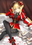  ahoge arm_up bangs black_pants blonde_hair blush braid breasts brooch closed_mouth commentary_request couch crossed_legs crown fate/extella fate/extra fate_(series) green_eyes hair_bun hair_intakes head_tilt jacket jewelry juliet_sleeves kagachi_saku long_sleeves medium_breasts mini_crown nero_claudius_(fate) nero_claudius_(fate)_(all) on_couch pants pantyhose petals puffy_sleeves red_jacket sidelocks signature sitting smile solo tilted_headwear 