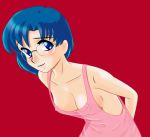  1girl 90s areolae bare_shoulders bishoujo_senshi_sailor_moon blue_eyes blue_hair blush breasts cleavage downblouse erect_nipples eyebrows_visible_through_hair glasses leaning_forward looking_at_viewer medium_breasts mizuno_ami navel nipples no_bra out-of-frame_censoring red_(h-sora) red_background sailor_mercury see-through simple_background smile solo standing 