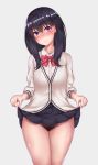  aki_(pixiv23643267) bangs black_hair black_skirt blue_eyes blush bow bowtie breasts buttons closed_mouth commentary_request excessive_pubic_hair full-face_blush hair_between_eyes highres hips long_hair looking_at_viewer miniskirt no_panties pleated_skirt pubic_hair red_neckwear skirt skirt_lift small_breasts solo ssss.gridman sweater swept_bangs takarada_rikka thighs white_sweater 