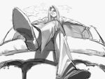  amrkdrw cigar from_below glasses greyscale hair_intakes hellsing highres integra_hellsing long_hair long_sleeves monochrome pants simple_background sitting sketch smoke smoking solo white_background 