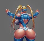  1girl ass blonde_hair blue_leotard breasts domino_mask fauzy_zulvikar_firmansyah heart_cutout hips huge_ass huge_breasts leotard mask muscle muscular_female rainbow_mika street_fighter street_fighter_v thick_thighs thighs traditional_media twintails watercolor_(medium) wide_hips wrestling_mask wrestling_outfit 