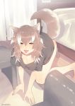  :d :p absurdres all_fours animal_ears artist_name asano_(asamusuko) bangs barefoot bed black_shirt blush bottomless breasts brown_eyes brown_hair cleavage curtains eyes_visible_through_hair fang hair_between_eyes highres indoors japanese_wolf_(kemono_friends) kemono_friends long_hair looking_at_viewer medium_breasts multicolored_hair open_mouth pet_play shirt short_sleeves smile solo t-shirt tail tongue tongue_out twitter_username two-tone_hair white_hair wolf_ears wolf_tail wooden_floor 