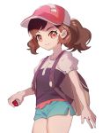  ankea_(a-ramo-do) ayumi_(pokemon) backpack bag bangs baseball_cap black_shirt brown_hair child closed_mouth cowboy_shot flat_chest green_shorts hand_up happy hat highres holding holding_poke_ball looking_at_viewer orange_eyes poke_ball poke_ball_(generic) poke_ball_theme pokemon pokemon_(game) pokemon_lgpe ponytail puffy_short_sleeves puffy_sleeves red_hat shirt short_shorts short_sleeves shorts simple_background smile solo standing swept_bangs tied_hair white_background 