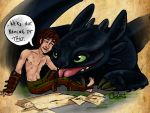  chromosomefarm clothed clothing dragon dreamworks duo english_text hiccup_(httyd) how_to_train_your_dragon human mammal night_fury text toothless topless 