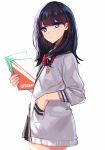  aosaki_yukina bangs black_hair black_skirt blue_eyes bow bowtie breasts closed_mouth commentary_request hand_in_pocket highres long_hair long_sleeves looking_at_viewer miniskirt notebook pleated_skirt red_bow red_neckwear school_uniform simple_background skirt solo ssss.gridman sweater swept_bangs takarada_rikka thighs white_background white_sweater 