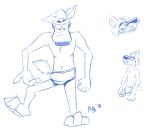  2018 anthro arctic_fox briefs bulge canine clothed clothing digital_media_(artwork) erection fox fur hi_res looking_at_viewer male mammal open_mouth prometheusblack simple_background sketch smile solo standing toony underwear unknown_character white_background white_fur 