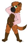  2018 alpha_channel anthro arty bottomless brown_fur clothed clothing exposed_chest fur green_eyes hoodie hyena looking_at_viewer male mammal midnightmeowth penis pink_sweater simple_background smile transparent_background 