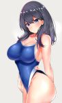  arm_behind_back bangs bare_shoulders black_hair blue_eyes blue_swimsuit blush breasts cleavage closed_mouth collarbone commentary_request competition_school_swimsuit covered_navel highleg highleg_swimsuit highres hips large_breasts long_hair looking_at_viewer one-piece_swimsuit sankakusui shiny shiny_hair simple_background solo ssss.gridman swept_bangs swimsuit takarada_rikka thighs 