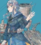  blue_background blue_eyes blue_hair blue_sailor_collar blue_skirt blurry crane depth_of_field gloves gotland_(kantai_collection) hair_between_eyes hair_bun half_gloves itomugi-kun kantai_collection long_hair long_sleeves looking_at_viewer machinery military military_uniform mole mole_under_eye sailor_collar simple_background skirt smokestack solo uniform white_gloves 