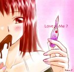  1girl blush brown_eyes chocolate food galerians heart ice_cream perfume red_hair solo text_focus 