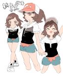  1girl ankea_(a-ramo-do) arms_behind_back arms_up bangs baseball_cap black_legwear black_shirt brown_eyes brown_hair child closed_mouth creatures_(company) cropped_legs eyes_closed female female_protagonist_(pokemon_lgpe) flat_chest full_body game_freak green_shorts happy hat highres japanese_text leaning_forward legs_apart looking_at_viewer matching_hair/eyes multiple_views nintendo open_mouth poke_ball_theme pokemon pokemon_(game) pokemon_lgpe puffy_short_sleeves puffy_sleeves red_hat shirt shoes short_shorts short_sleeves shorts simple_background sketch smile socks standing swept_bangs tied_hair translation_request white_background white_footwear 