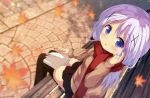  :o autumn_leaves bangs bench black_legwear black_skirt blue_eyes blurry blurry_background blush book brown_cardigan cardigan chinomaron commentary_request depth_of_field eyebrows_visible_through_hair from_above gochuumon_wa_usagi_desu_ka? hair_between_eyes hair_ornament hair_tucking hand_up kafuu_chino leaf long_hair long_sleeves looking_at_viewer looking_up maple_leaf on_bed open_book park_bench parted_lips pleated_skirt purple_hair red_scarf scarf sitting skirt solo thighhighs very_long_hair x_hair_ornament 