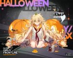  baggy_clothes bangs barefoot blonde_hair blush breasts cardigan character_name collarbone copyright_name cup damaged dinergate_(girls_frontline) dress eyebrows_visible_through_hair food food_themed_hair_ornament full_body girls_frontline green_eyes gun hair_between_eyes hair_ornament hair_scrunchie hairclip halloween logo long_hair loose_neckwear low-tied_long_hair low_twintails medium_breasts messy_hair moon_print nail_polish neckerchief nin official_art orange_nails orange_sailor_collar orange_scrunchie patting pumpkin pumpkin_hair_ornament red_neckwear s.a.t.8_(girls_frontline) s.a.t.8_(gun) sailor_collar sailor_dress scrunchie seiza shotgun sidelocks sitting smile spill star star_print twintails very_long_hair watermark weapon white_dress 