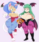  2girls animal_ears animal_print bangs bare_shoulders bat_print bat_wings big_hair black_leotard blue_hair blue_legwear boots breasts bridal_gauntlets cat_ears cat_tail cleavage collarbone curvy felicia full_body green_eyes green_hair grey_background head_wings huge_breasts jinu large_breasts leotard lilith_aensland_(cosplay) long_hair looking_at_another morrigan_aensland multiple_girls one_eye_closed pantyhose purple-yoshi-draws purple_legwear red_leotard simple_background smile standing tail thick_thighs thighs vampire_(game) wide_hips wings 