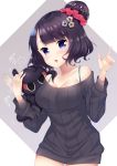  animal bare_shoulders black_sweater bra_strap breasts brown_background chestnut_mouth cleavage commentary_request cowboy_shot fate/grand_order fate_(series) fingernails hair_bun hair_ornament hair_scrunchie hands_up head_tilt highres index_finger_raised katsushika_hokusai_(fate/grand_order) ko_yu long_sleeves medium_breasts octopus off-shoulder_sweater off_shoulder parted_lips patting purple_eyes purple_hair red_scrunchie ribbed_sweater scrunchie short_hair sweater tokitarou_(fate/grand_order) translation_request two-tone_background white_background 
