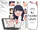  bangs black_hair blue_eyes blurry blurry_background blush cardigan censored commentary computer derivative_work emphasis_lines english english_commentary laptop long_hair looking_at_viewer looking_back maximilian-destroyer meme mosaic_censoring nose_blush orange_scrunchie pornography profanity sankaku_complex scrunchie shouting solo ssss.gridman sweater takarada_rikka tears truth white_sweater 