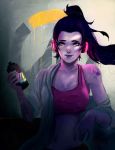  black_hair black_widow_(spider) bottle breasts candy cleavage closed_mouth commentary english_commentary food headset high_ponytail highres holding holding_bottle large_breasts lips lipstick lollipop long_hair long_sleeves looking_at_viewer makeup navel open_clothes open_shirt overwatch overwatch_(logo) ponytail purple_lipstick purple_skin shirt shoulder_tattoo sleeves_pushed_up solo spider_tattoo sports_bra stomach tattoo trung_doan white_shirt widowmaker_(overwatch) yellow_eyes 