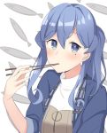  akahi242 blue_eyes blue_hair blue_jacket chopsticks chopsticks_in_mouth eyebrows_visible_through_hair fish gotland_(kantai_collection) hair_bun holding holding_chopsticks jacket kantai_collection long_hair looking_at_viewer mole mole_under_eye saury solo sweater turtleneck turtleneck_sweater upper_body white_sweater 