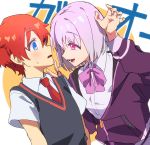  1boy 1girl bangs blue_eyes bow bowtie breasts collared_shirt couple hands_up hetero hibiki_yuuta jacket large_breasts long_sleeves looking_at_another necktie open_clothes open_jacket pink_bow pink_hair pink_neckwear purple_jacket red_eyes red_hair red_neckwear school_uniform shinjou_akane shirt short_hair short_sleeves ssss.gridman sweat translation_request waistcoat white_shirt wing_collar 