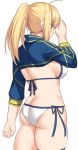  ahoge artoria_pendragon_(all) ass bikini blonde_hair blue_eyes breasts clenched_hand cowboy_shot fate/grand_order fate_(series) from_behind hand_to_forehead long_hair looking_away medium_breasts mysterious_heroine_xx_(foreigner) ponytail serious shiseki_hirame shrug_(clothing) side-tie_bikini simple_background solo swimsuit thighs white_background white_bikini 