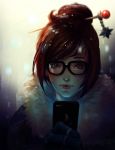  artist_name bangs black-framed_eyewear blue_gloves brown_eyes brown_hair cellphone closed_mouth commentary english_commentary fur_coat fur_collar glasses gloves hair_bun hair_ornament hair_stick hand_up holding holding_phone lips lipstick looking_at_viewer makeup mei_(overwatch) overwatch phone red_lipstick short_hair smartphone snowflake_hair_ornament solo swept_bangs trung_doan 