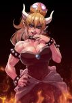  blonde_hair bowsette bracelet breasts cleavage dress fire horns jewelry mario_(series) muscle new_super_mario_bros._u_deluxe nintendo pointy_ears spikes 