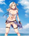  adapted_costume ahoge ass_visible_through_thighs beach belt bikini blue_sky blush breasts brown_gloves buckle cameltoe closed_mouth cloud commentary_request cruiser day fingerless_gloves gloves green_eyes groin hand_on_thigh imperial_japanese_navy kantai_collection kinugasa_(cruiser) kinugasa_(kantai_collection) large_breasts long_hair looking_at_viewer military military_vehicle navel ocean one_side_up pink_hair sameha_ikuya ship skindentation sky smile solo stomach swimsuit thigh_strap warship watercraft yellow_bikini_bottom 