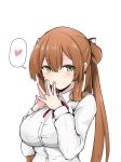 blush breasts brown_hair collared_shirt commentary eyebrows_visible_through_hair girls_frontline green_eyes hair_ribbon hands_together heart jewelry kumasteam large_breasts long_hair looking_at_viewer m1903_springfield_(girls_frontline) ribbon ring shirt simple_background smile solo spoken_heart steepled_fingers wedding_band white_background white_shirt 