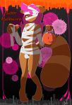  anthro bandage blaketheflareon blue_eyes bulge candy canine clothed clothing costume food fruit fur girly hair halloween holidays kit_the_tanuki looking_at_viewer male mammal pink_hair pumpkin solo tanuki wrappings 