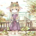  absurdres blonde_hair blush braid bright_background chigu eyebrows_visible_through_hair frog hair_ribbon hat highres huge_filesize lily_pad moriya_suwako pond raised_eyebrows red_ribbon ribbon short_hair touhou tree twin_braids wading 