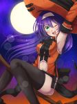  arm_up black_legwear blue_hair broom broom_riding commentary_request detached_sleeves fire_emblem fire_emblem:_souen_no_kiseki fire_emblem_heroes green_eyes halloween_costume hat headband highres long_hair moon nagisa_fe navel_cutout night night_sky one_eye_closed open_mouth sky solo star_(sky) thighhighs wayu_(fire_emblem) white_headband witch_hat 