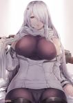  bear_hair_ornament black_footwear blush boots breasts cameltoe commentary_request covered_nipples dress dress_pull girls_frontline gun hair_ornament hair_over_one_eye highres hiroki_ree holding_scarf large_breasts long_hair looking_at_viewer machine_gun off_shoulder panties panties_under_bodysuit parted_lips pk_(girls_frontline) pk_machine_gun red_eyes scarf signature silver_hair sitting sleeveless_bodysuit smile solo taut_clothes thigh_boots thighhighs underwear very_long_hair weapon white_panties 