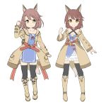  absurdres amane_rosylily animal_ear_fluff animal_ears arm_up belt belt_buckle black_legwear blush boots breasts brown_belt brown_coat brown_eyes brown_footwear brown_hair buckle cleavage closed_mouth coat collarbone commentary_request dress fingernails fox_ears fox_girl fox_tail full_body hand_up highres hood hood_down hooded_coat knee_boots multiple_views open_clothes open_coat original red_ribbon ribbon sekira_ame simple_background sleeves_past_wrists small_breasts smile standing tail thighhighs thighhighs_under_boots white_background white_dress 