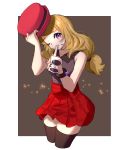  ankea_(a-ramo-do) bare_shoulders black_legwear black_shirt blonde_hair border brown_background closed_mouth collarbone cropped_legs hair_tie hands_up hat highres holding long_hair looking_at_viewer mouth_hold one_eye_closed pleated_skirt pokemon pokemon_(game) pokemon_xy purple_eyes red_hat red_skirt serena_(pokemon) shirt simple_background skirt sleeveless sleeveless_shirt solo sparkle standing sunglasses thighhighs tied_hair white-framed_eyewear white_border zettai_ryouiki 