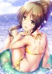  :d arm_support barefoot bikini braided_bun brown_eyes brown_hair butt_crack cloud day eyebrows_visible_through_hair frilled_bikini frills from_behind hair_between_eyes halterneck hand_in_hair highres idolmaster idolmaster_cinderella_girls innertube long_hair looking_at_viewer looking_back ment ocean open_mouth outdoors shiny shiny_hair sidelocks sitting smile soles solo sparkle swimsuit takamori_aiko tied_hair transparent yellow_bikini 