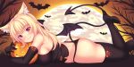  animal_ear_fluff animal_ears ass bat black_panties blonde_hair blush boots breasts cat_ears commentary demon_tail demon_wings english_commentary eyebrows_visible_through_hair fast-runner-2024 full_moon halloween high_heel_boots high_heels highres jack-o'-lantern large_breasts long_hair looking_at_viewer lying moon on_stomach original panties red_eyes slit_pupils smile solo tail thigh_boots thighhighs tiffy underwear wings 