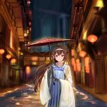  android brown_hair chinese_clothes commentary girls_frontline hairband hanfu highres js_9_(girls_frontline) long_hair looking_at_viewer low-tied_long_hair mechanical_arms mole mole_under_eye rain red_eyes sechka smile umbrella 