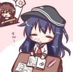  =_= akatsuki_(kantai_collection) anchor_symbol anger_vein ashigara_(kantai_collection) black_hat black_sailor_collar black_skirt blush_stickers brown_hair closed_eyes commentary_request desk drooling eraser flat_cap hat holding kantai_collection komakoma_(magicaltale) long_hair long_sleeves multiple_girls nose_bubble parted_lips pencil_case pencil_skirt pleated_skirt purple_hair purple_shirt ruler sailor_collar saliva school_desk school_uniform serafuku shirt skirt solo_focus spoken_anger_vein translation_request very_long_hair white_shirt 