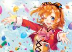  ;d balloon bangs blue_eyes blush bow bowtie cloud confetti cropped_jacket cross-laced_clothes day earrings hair_ribbon highres jacket jewelry kousaka_honoka long_sleeves looking_at_viewer love_live! love_live!_school_idol_project medium_hair one_eye_closed one_side_up open_mouth orange_hair outdoors outstretched_arms pink_neckwear red_jacket ribbon sky smile solo spread_arms striped striped_ribbon sudach_koppe sunny_day_song upper_body 