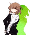  agtt25333 blazer blush brown_eyes brown_hair closed_mouth collared_shirt cowboy_shot hand_on_hip highres jacket jitome kantai_collection off_shoulder shadow shirt short_hair simple_background solo wakaba_(kantai_collection) white_background white_shirt 