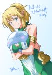  aqua_eyes armlet artist_name bangs bare_shoulders between_breasts blonde_hair breast_hold breasts cleavage closed_mouth colored_eyelashes commentary_request crossed_arms disconnected_mouth dress dripping dutch_angle elf extra fantasy gold_trim green_dress highres hug large_breasts lilya_(lilya_litvak) long_hair looking_at_viewer melting pointy_ears ponytail rimuru_tempest sideways_mouth slime smile tensei_shitara_slime_datta_ken translation_request 