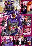  2018 abs absurd_res anibaruthecat anthro avian balls bdsm beak blush bondage bound clothing comic cum cum_on_face dialogue dinky_hooves_(mlp) english_text equine feathered_wings feathers friendship_is_magic grin group gryphon hair hi_res holding_object horn humanoid_penis legwear male mammal my_little_pony one_eye_closed open_mouth penis ruby_pinch_(mlp) smile text tongue unicorn vein wings young 