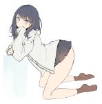  bangs black_hair black_skirt blue_eyes blush brown_legwear covering_mouth eyebrows_visible_through_hair from_side hand_up highres kneeling long_hair looking_at_viewer miniskirt pleated_skirt sabet_(young_ouo) simple_background skirt sleeves_past_wrists socks solo ssss.gridman takarada_rikka thighs tsurime white_background 