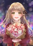  blush bouquet brown_hair coat cotton_boll cuna_(qunya) earrings eyebrows_visible_through_hair flower hair_ribbon highres holding holding_bouquet jewelry long_hair long_sleeves looking_at_viewer nail_polish original pink_nails red_coat red_flower ribbon solo stud_earrings turtleneck upper_body white_flower yellow_eyes 